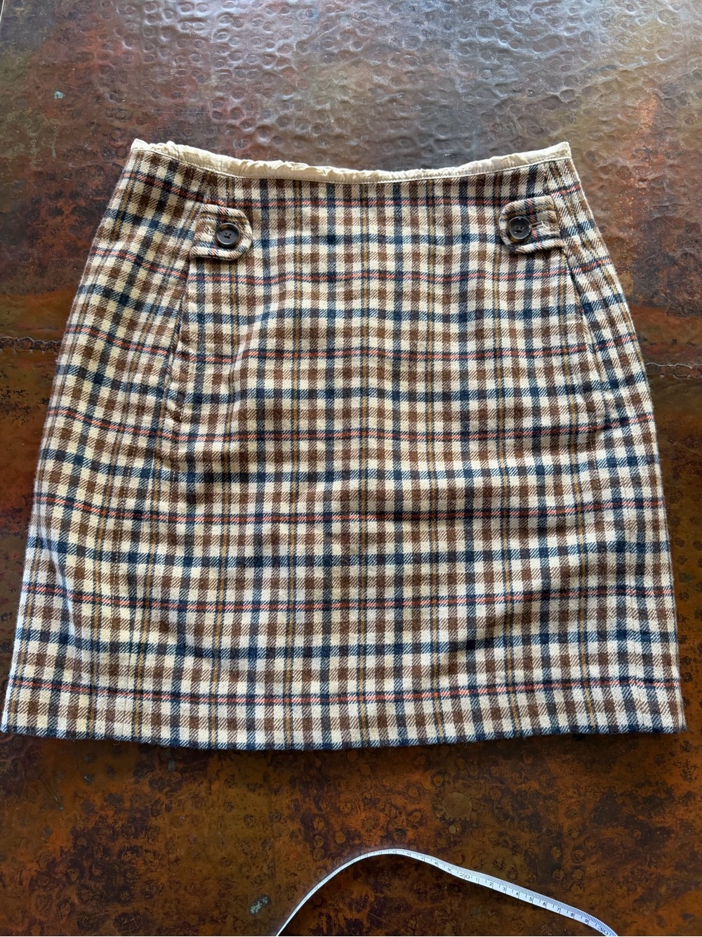 Banana Republic Size 4 Plaid Mini Skirt Brown Navy Preppy Academia Button Tab